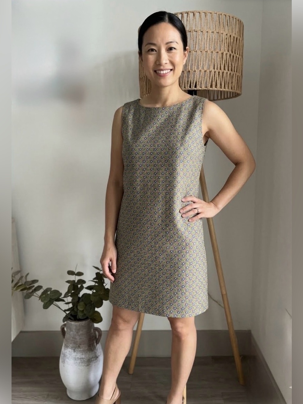GAP Olive-Green Sleeveless Printed Shift Dress